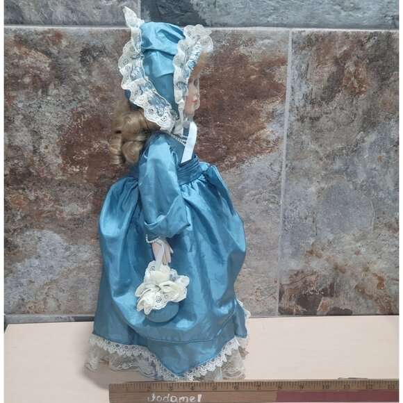 VTG Porcelain Doll Green Eyes Blue Satin Dress White Lace Trim Matching Bonnet - Picture 6 of 14